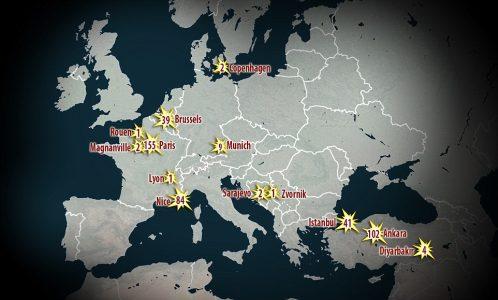 Europe – continent of fear: Terrifying map shows how 443 victims were killed in 18 deadly terror attacks in the last two years in Europe