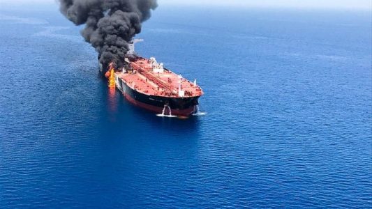Iranian oil tanker on fire after being hit by rockets in terrorist attack