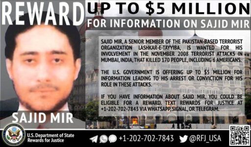 US authorities announced five million dollars reward for Pakistani terrorist Sajid Mir