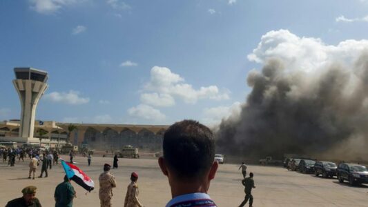 At least 26 people killed and more than 50 wounded in an attack on Yemen’s Aden airport